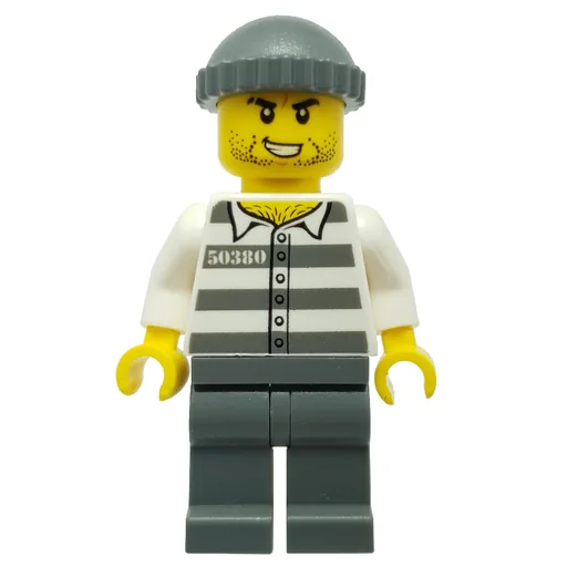Criminal (Prison Shirt with #50380, Dark Bluish Gray Legs, Dark Bluish Gray Hat, Stubble)