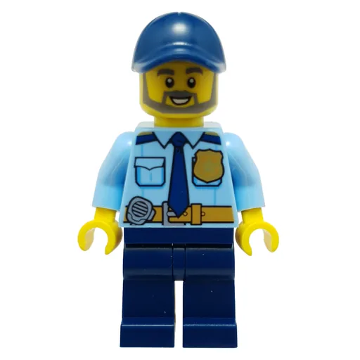Policeman (Bright Light Blue Shirt with Dark Blue Tie, Badge, and Radio on Belt, Dark Blue Cap, Beard)