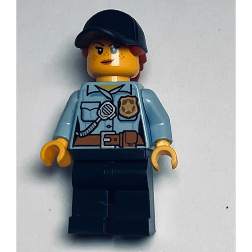 Policewoman (Bright Light Blue Shirt with Radio and Badge, Dark Blue Legs, Dark Blue Cap with Hair, Freckles)