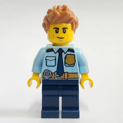 Policeman (Bright Light Blue Shirt with Dark Blue Tie, Badge, and Radio on Belt, Medium Nougat Spiked Hair)