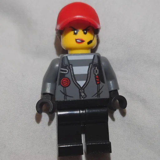 Criminal (Woman, Open Dark Bluish Gray Jacket with Zipper over Prison Shirt, Red Cap with Hair)
