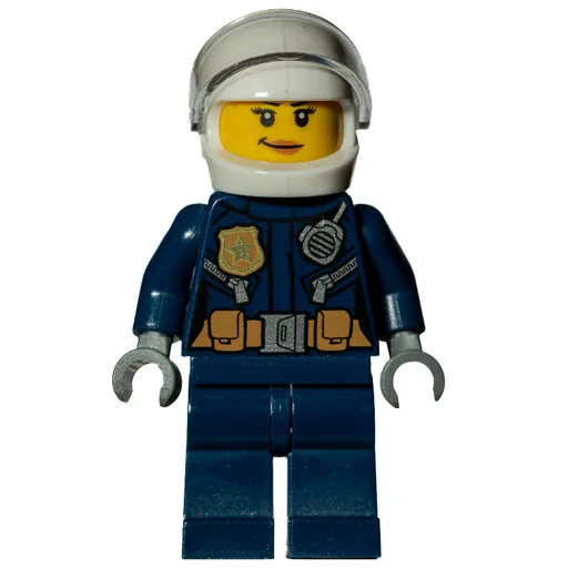 Policewoman (Dark Blue Jacket with Radio, Badge, and Belt with Pouches, White Helmet with Trans-Clear Visor, Smirk)