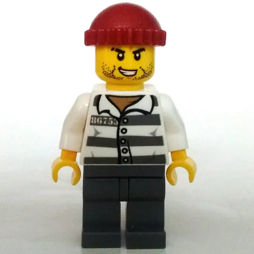 Criminal (Prison Shirt with #86753, Dark Bluish Gray Legs, Dark Red Hat)