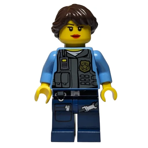 Policewoman (Dark Bluish Gray Vest with Radio, Badge and Pouches over Medium Blue Shirt, Dark Brown Hair)