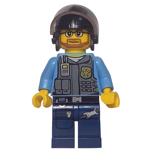 Policeman (Dark Bluish Gray Vest with Radio, Badge and Pouches over Medium Blue Shirt, Black Helmet with Visor, Beard and Glasses)