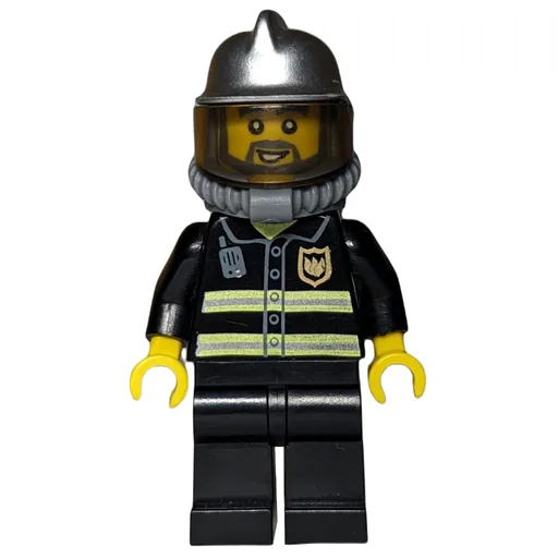 Fireman (Black Fire Jacket with Radio and Badge, Silver Helmet with Visor, Airtanks, Breathing Apparatus, Beard)