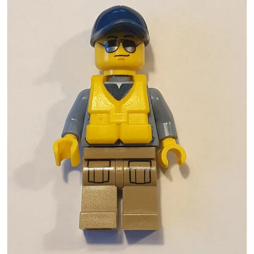 Policeman (Sand Blue Jacket with Pockets and 'POLICE' on Back, Dark Blue Cap, Yellow Life Vest, Sunglasses)