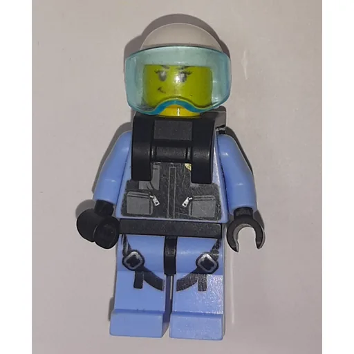 Policewoman (Black Vest with Badge and Pouches over Bright Light Blue Shirt, White Helmet with Visor, Neck Bracket)
