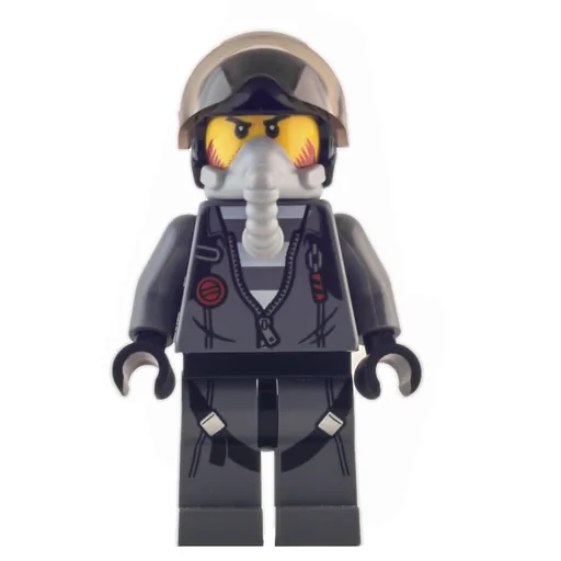 Criminal (Open Dark Bluish Gray Jacket with Zipper over Prison Shirt, Black Helmet with Visor, Breathing Apparatus)