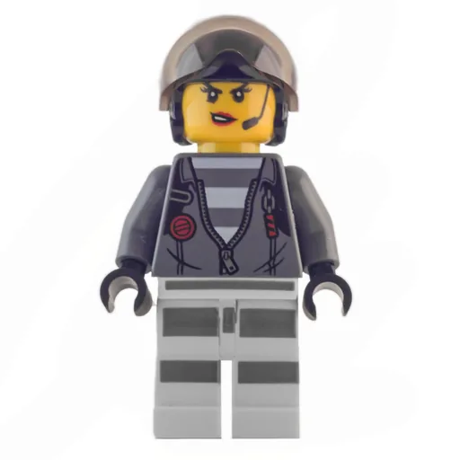 Criminal (Woman, Open Dark Bluish Gray Jacket with Zipper over Prison Shirt, Black Helmet with Visor)