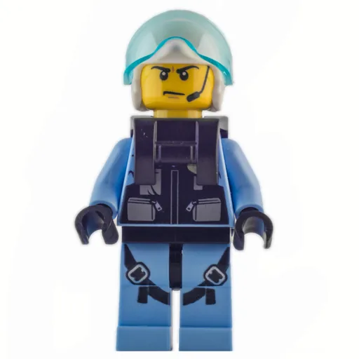 Policeman (Black Vest with Badge and Pouches over Bright Light Blue Shirt, White Helmet with Visor, Neck Bracket, Headset)