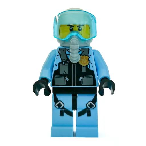Policeman (Black Vest with Badge and Pouches over Bright Light Blue Shirt, White Helmet with Visor, Breathing Apparatus)