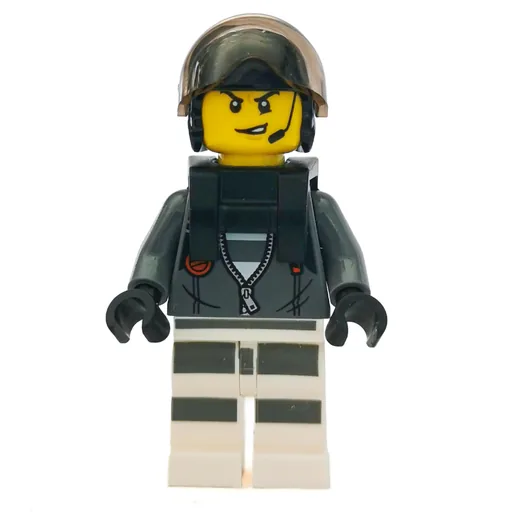 Criminal (Open Dark Bluish Gray Jacket with Zipper over Prison Shirt, Black Helmet with Visor, Neck Bracket, Headset)
