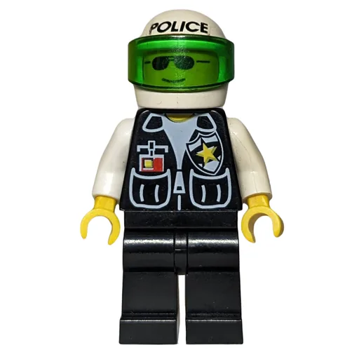 Policeman (Black Vest with Badge and Pockets, White Helmet with 'POLICE' and Trans-Green Visor, Sunglasses)