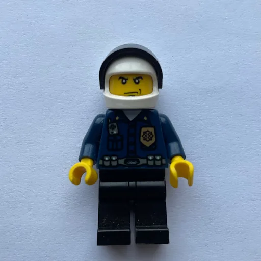 Policeman (Dark Blue Shirt with Radio and Badge, Black Legs, White Helmet with Visor)