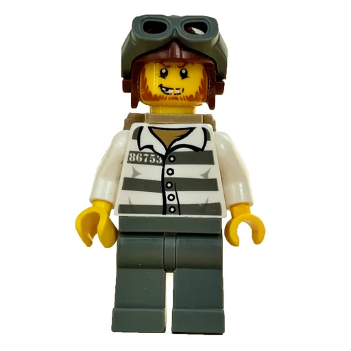 Criminal (Prison Shirt with #86753, Dark Bluish Gray Legs, Reddish Brown Helmet with Goggles, Dark Tan Backpack, Beard)