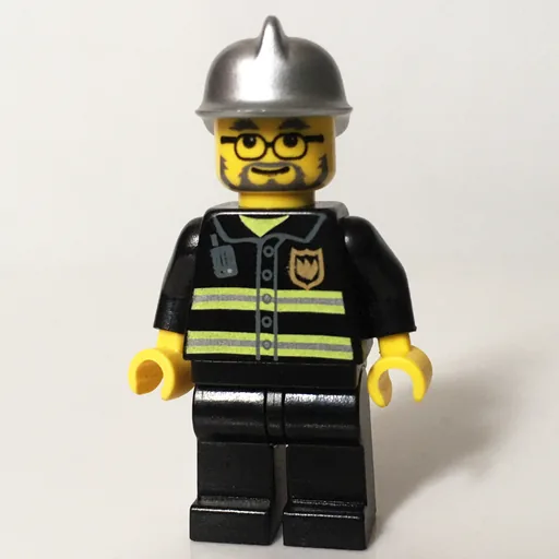 Fireman (Black Fire Jacket with Reflective Stripes, Radio, and Badge, Silver Helmet, Beard and Glasses)