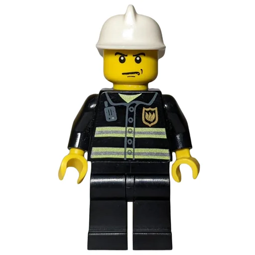 Fireman (Black Fire Jacket with Reflective Stripes, Radio, and Badge, White Helmet, Stern)