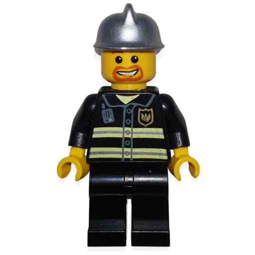Fireman (Black Fire Jacket with Reflective Stripes, Radio, and Badge, Silver Helmet, Goatee Beard)