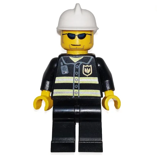 Fireman (Black Fire Jacket with Reflective Stripes, Radio, and Badge, White Helmet, Sunglasses)