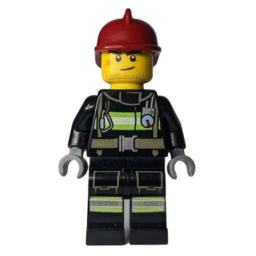 Fireman (Black Fire Suit with Gauge and Straps, Dark Red Helmet, Stubble and Scar)
