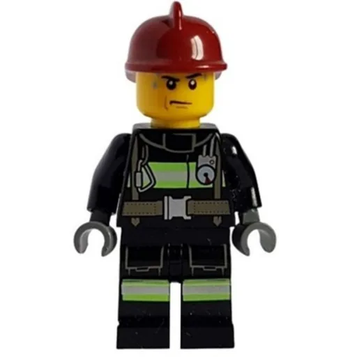 Fireman (Black Fire Suit with Gauge and Straps, Dark Red Helmet, Sweat Drops)