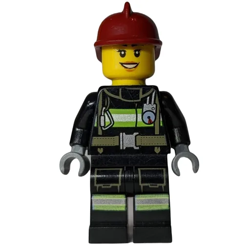 Firewoman (Black Fire Suit with Gauge and Straps, Dark Red Helmet)