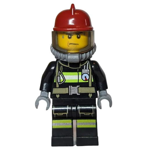 Fireman (Black Fire Suit with Gauge and Straps, Dark Red Helmet, Breathing Apparatus, Airtanks, Sweat Drops)