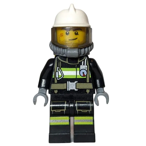 Fireman (Black Fire Suit with Gauge and Straps, White Helmet, Breathing Apparatus, Airtanks, Stubble and Scar)