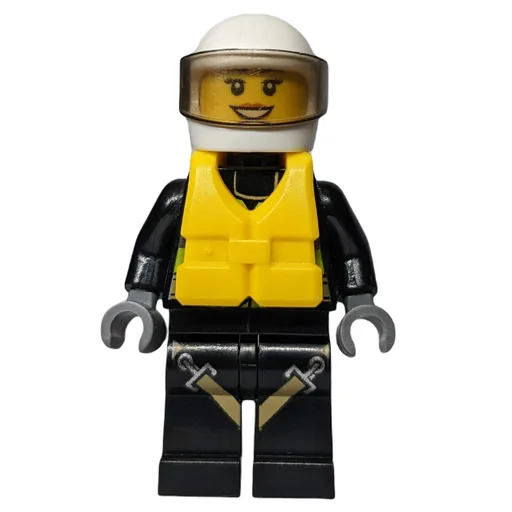 Firewoman (Safety Vest with Flashlight, Pocket, and Belt, Black Legs with Straps, White Helmet with Visor, Yellow Life Vest)