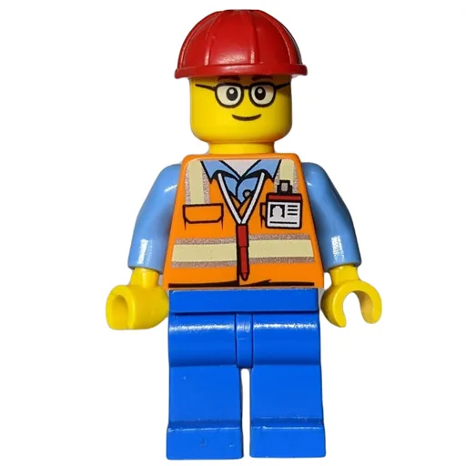 Construction Worker (Orange Safety Vest with Pen and ID Badge, Red Hard Hat, Glasses)