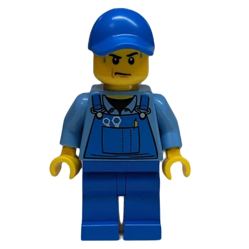 Man (Blue Overalls over Shirt, Blue Legs, Black Cap, Sweat Drops)
