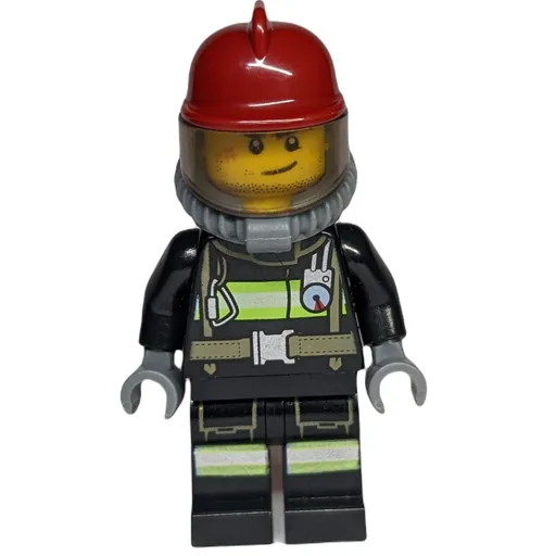 Fireman (Black Fire Suit with Gauge and Straps, Dark Red Helmet, Breathing Apparatus, Airtanks, Stubble and Scar)