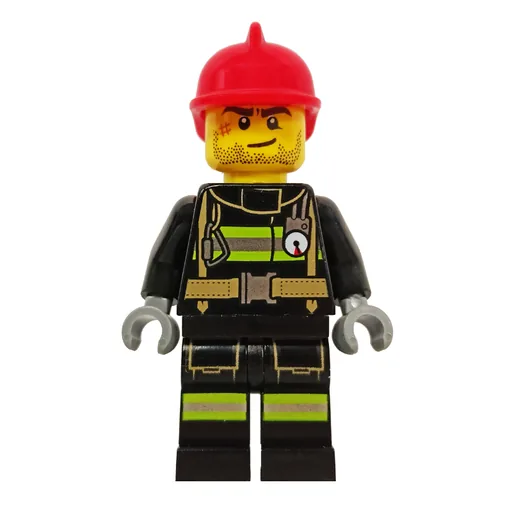 Fireman (Black Fire Suit with Gauge and Straps, Red Helmet, Stubble and Scar)