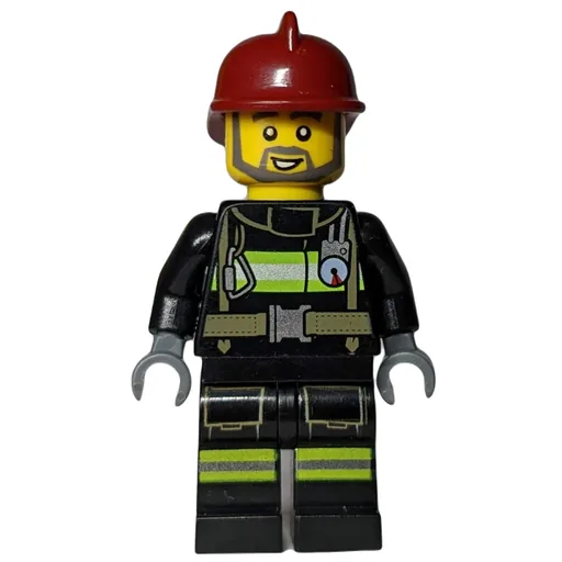 Fireman (Black Fire Suit with Gauge and Straps, Dark Red Helmet, Beard)
