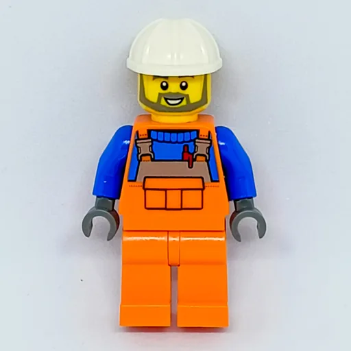 Construction Worker (Orange Overalls over Blue Sweater, White Hard Hat, Beard)