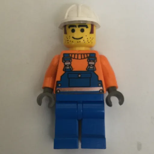 Construction Worker (Blue Overalls over Orange Sweater, White Hard Hat, Printed Hair and Stubble)