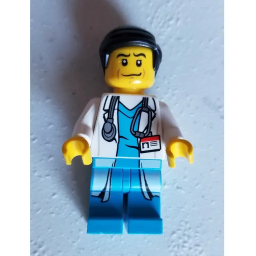 Doctor (White Lab Coat over Dark Azure Scrubs with ID Badge and Stethoscope, Black Hair)