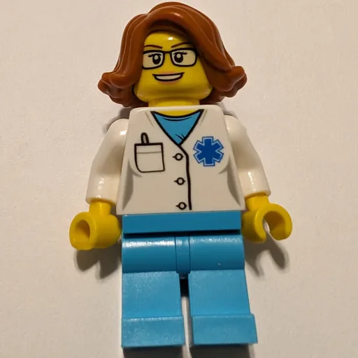 Doctor Grey (Woman, White Shirt over Medium Azure Scrubs with Star of Life and Pocket, Dark Orange Hair, Glasses)
