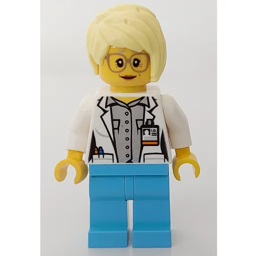 Doctor Mink (Woman, Open White Jacket over Light Bluish Gray Shirt with Pockets and ID Badge, Bright Light Yellow Hair, Glasses)