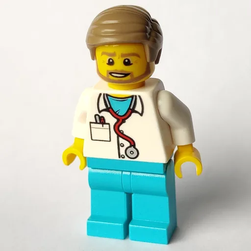 Doctor Tuck (White Shirt over Medium Azure Scrubs with Stethoscope and Pocket, Dark Tan Hair, Beard)