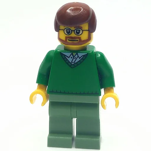 Man (Green V-Neck Sweater, Sand Green Legs, Reddish Brown Hair, Beard and Glasses)