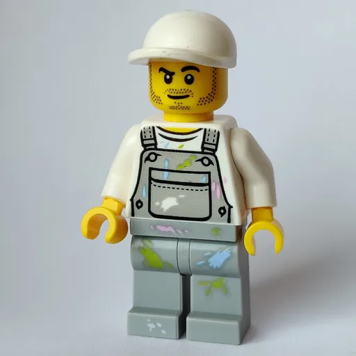 Man (Light Bluish Gray Overalls with Paint Stains, White Cap, Stubble)