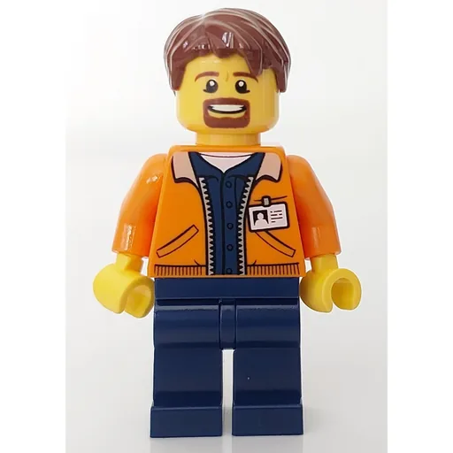 Man (Open Orange Jacket over Dark Blue Shirt, Reddish Brown Hair, Goatee Beard)
