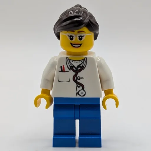 Doctor (Woman, White Shirt with Pocket and Stethoscope, Blue Legs, Dark Brown Hair, Glasses)