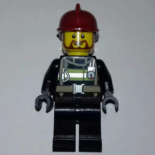 Fireman (Black Fire Suit with Gauge and Straps, Black Legs, Dark Red Helmet, Beard)