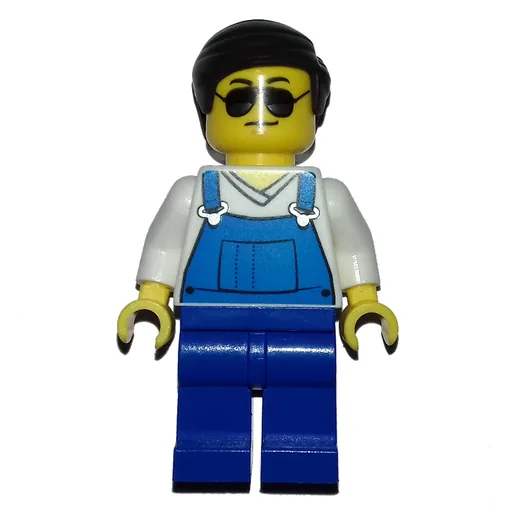 Man (Blue Overalls over White V-Neck Shirt, Dark Brown Hair, Sunglasses)