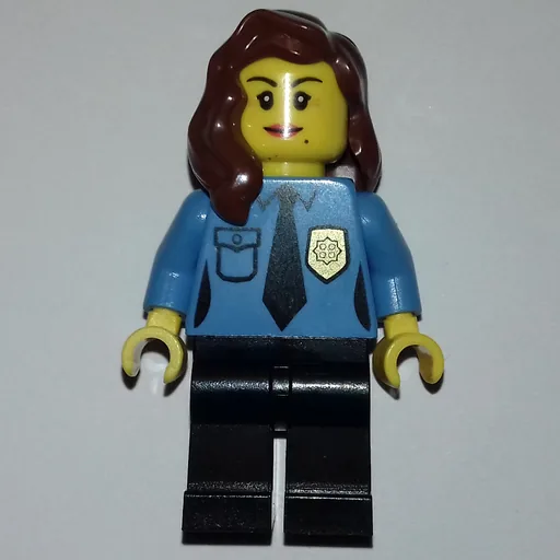 Policewoman (Medium Blue Shirt with Tie and Badge, Black Legs, Reddish Brown Hair)