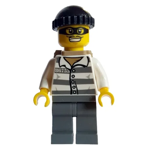 Criminal (Prison Shirt with #86753, Dark Bluish Gray Legs, Black Hat, Backpack, Black Eyemask)