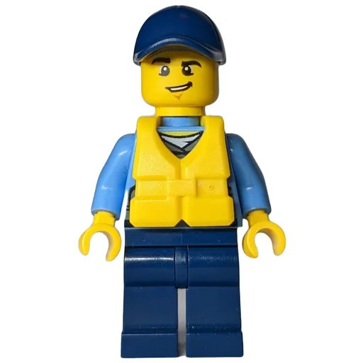 Policeman (Dark Bluish Gray Vest with Radio, Badge and Pouches over Medium Blue Shirt, Dark Blue Cap, Yellow Life Vest)